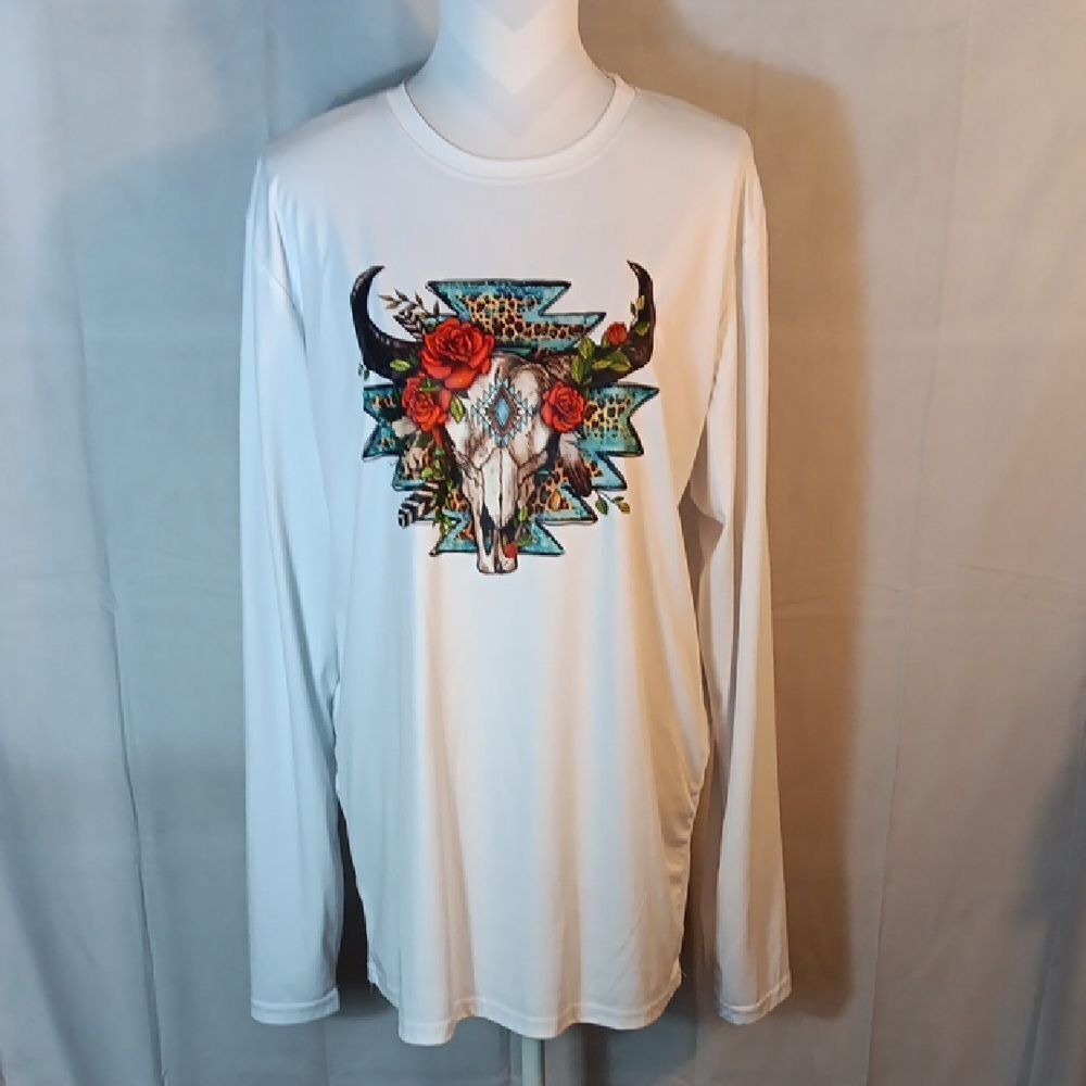 White Long Sleeve Shirt with Aztic Bull Skull and Floral Design